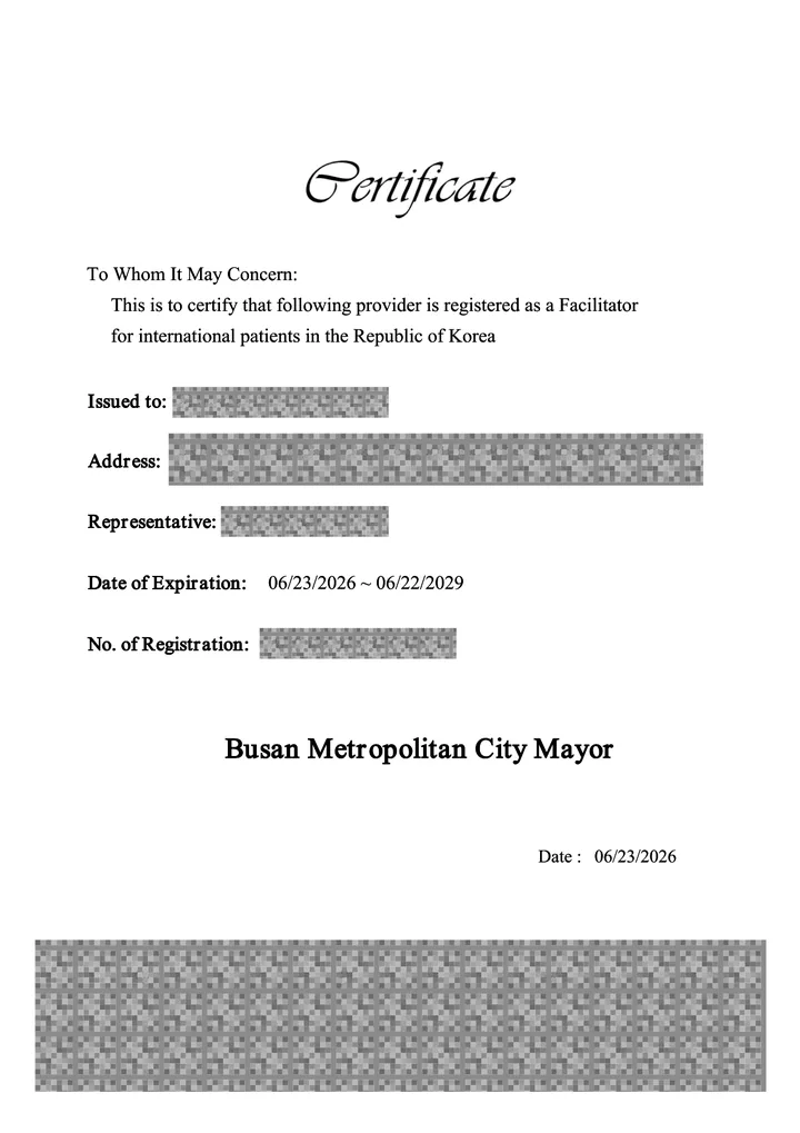 외국인환자 유치사업자 영문 등록증 — Mayor of Busan, 2026년 6월