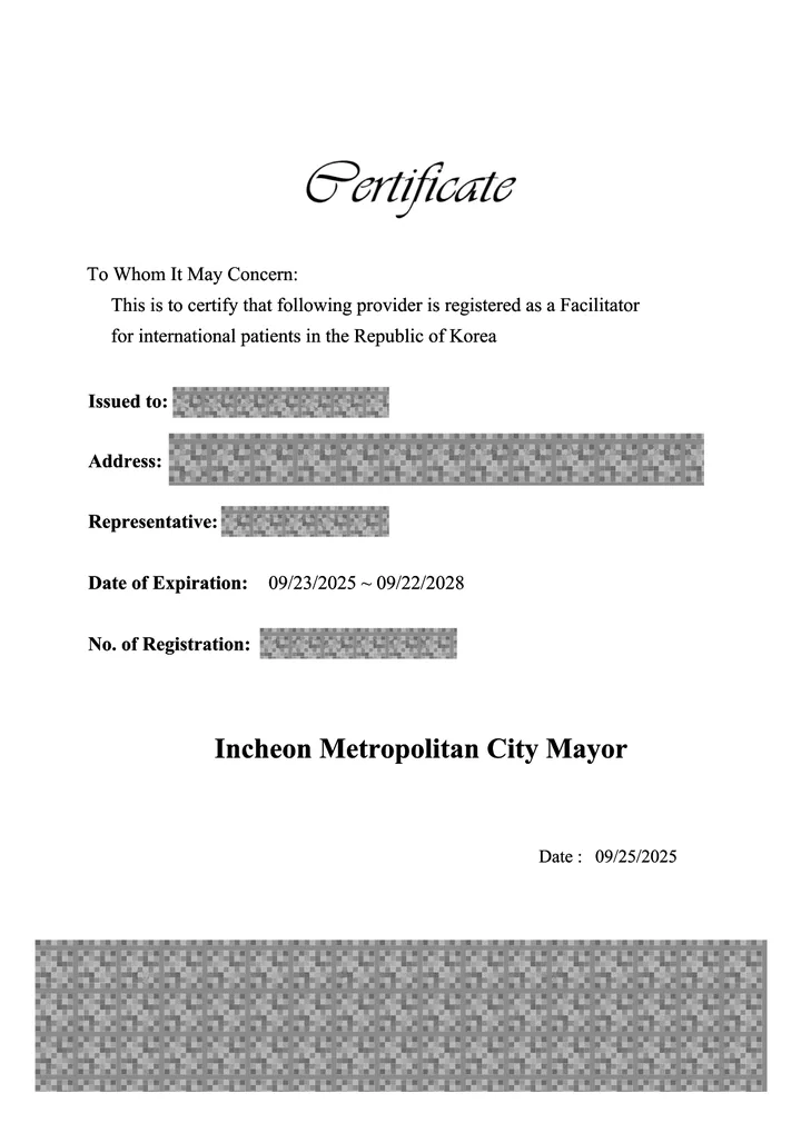 외국인환자 유치사업자 영문 등록증 — Mayor of Incheon, 2025년 9월