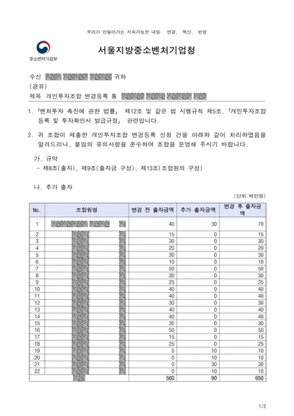 변경등록 통보 — 서울지방중소벤처기업청, 2026.05