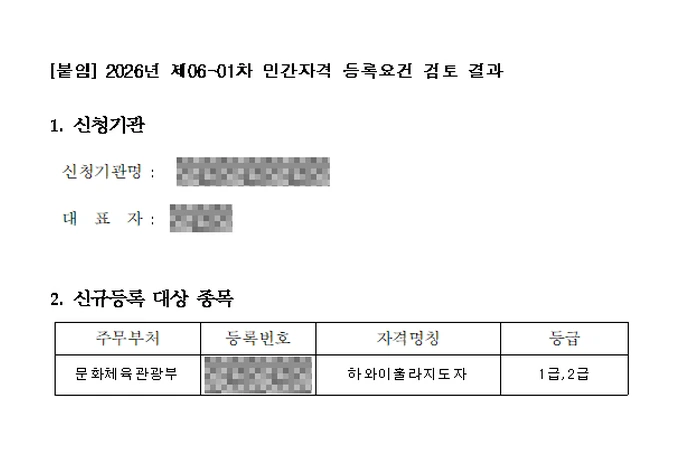 민간자격 등록요건 검토 결과 — 하와이훌라지도자, 문화체육관광부, 2026년 제06-01차