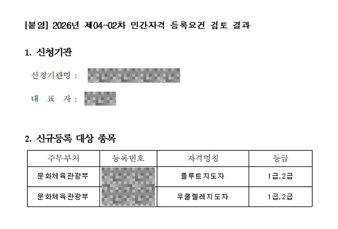 민간자격 등록요건 검토 결과 — 플루트지도자 · 우쿨렐레지도자, 문화체육관광부, 2026년 제04-02차