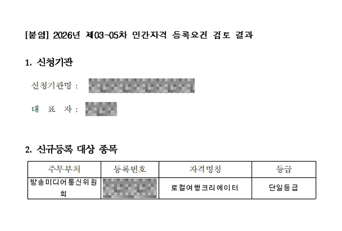 민간자격 등록요건 검토 결과 — 로컬여행크리에이터, 방송미디어통신위원회, 2026년 제03-05차