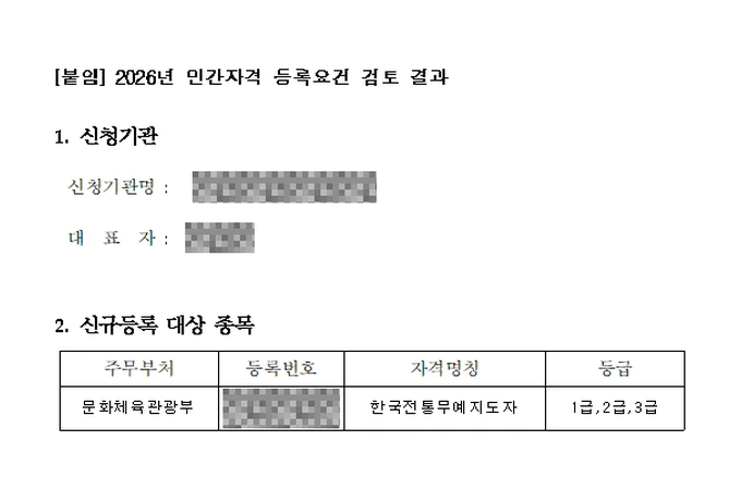 민간자격 등록요건 검토 결과 — 한국전통무예지도자, 문화체육관광부, 2026년