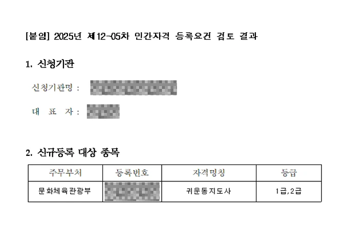 민간자격 등록요건 검토 결과 — 귀운동지도사, 문화체육관광부, 2025년 제12-05차
